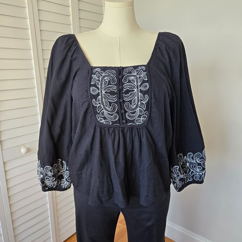 Calligraphie Black Embroidered Cotton Blouse Size L Boho Peasant Hippie Festival